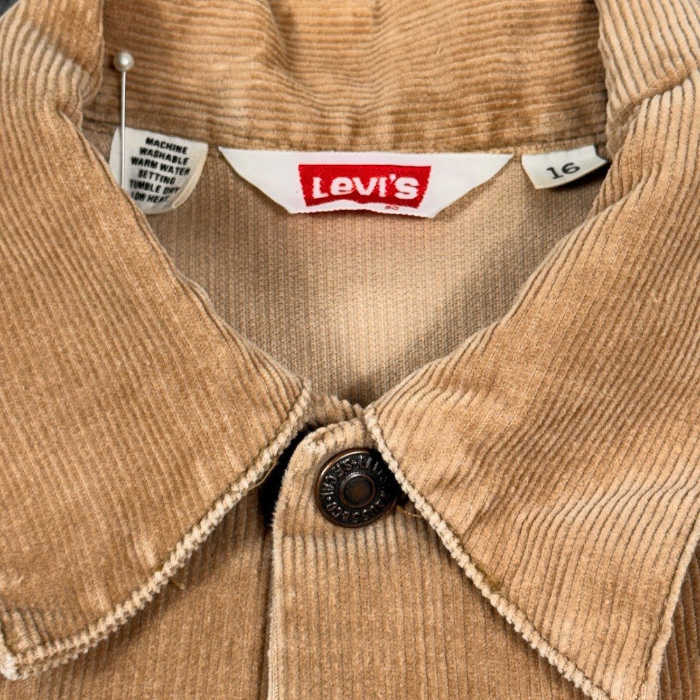 Levis OOAK Corduroy Trucker Jacket Girls 16 Women XS Boho Hand Embroidered Khaki - Picture 3 of 11